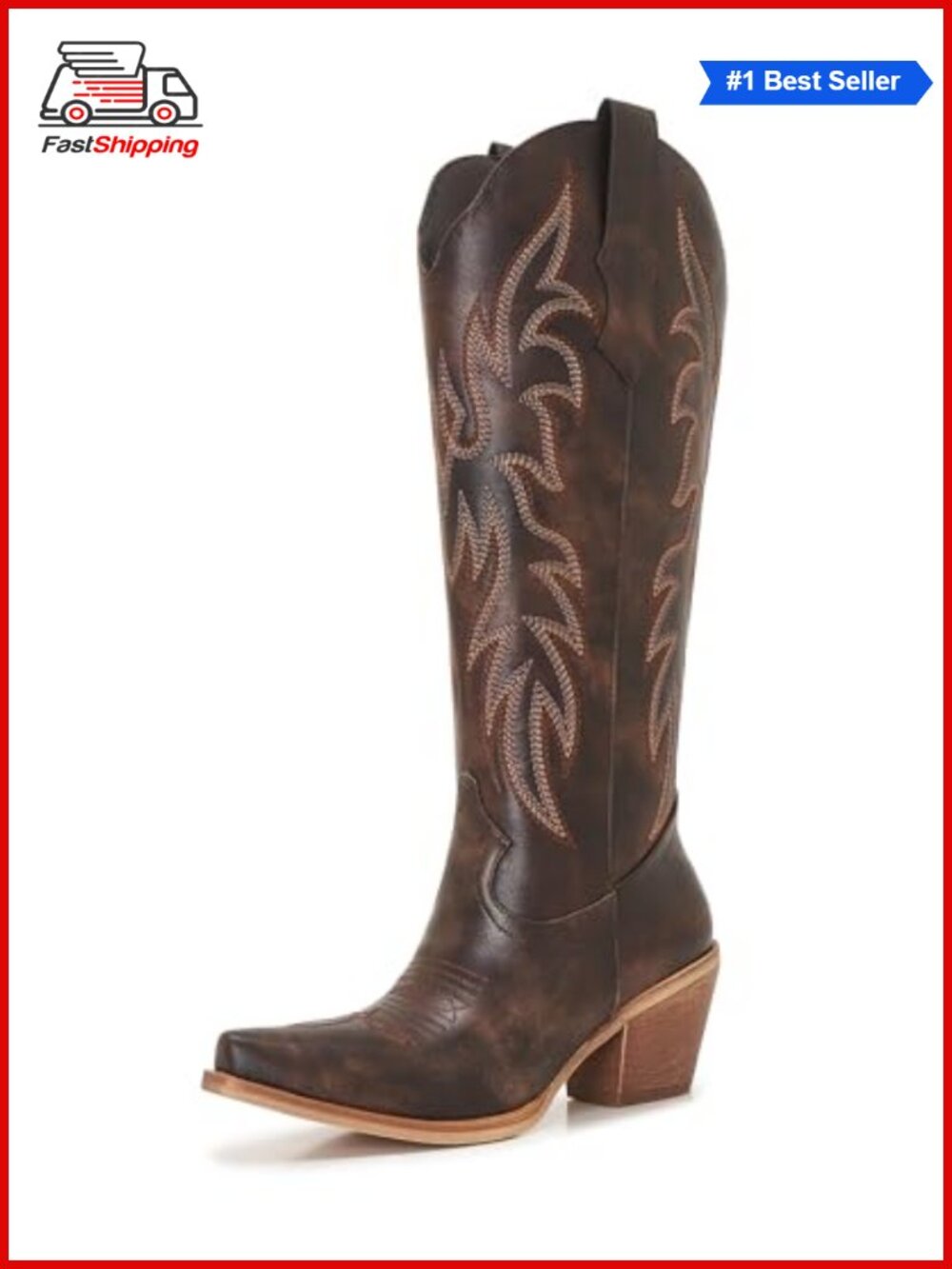 ✨ Knee High Cowboy Boots Women Faux Leather Western Cowgirl Boots Pointed Toe
